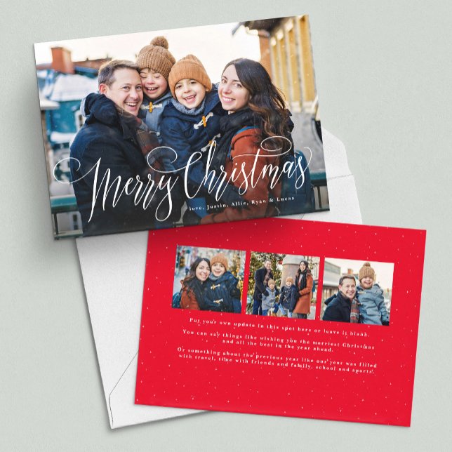 Merry Christmas script simple red four photo Holiday Card (Creator Uploaded)