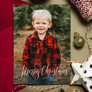 Merry Christmas script simple red photo Holiday Card