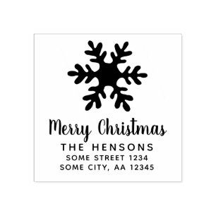 Merry Christmas Script Snowflake Family Address Rubber Stamp