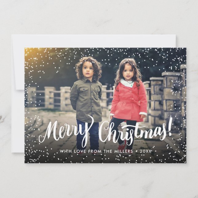 Merry Christmas Script Snowflakes Personalised Holiday Card (Front)