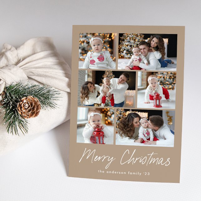 Merry Christmas Script Taupe 6 Photo Collage Holiday Card (Creator Uploaded)