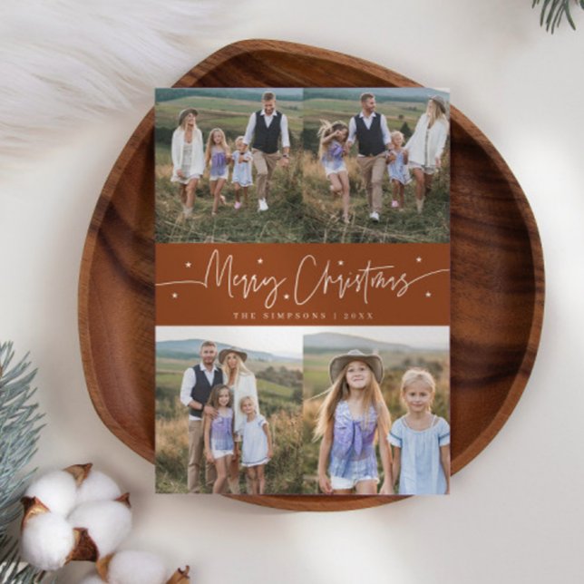 Merry Christmas Script Terracotta Multi Photo Holiday Card (Creator Uploaded)
