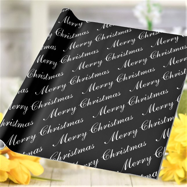 Merry Christmas Script Text Black and White Wrapping Paper (Creator Uploaded)