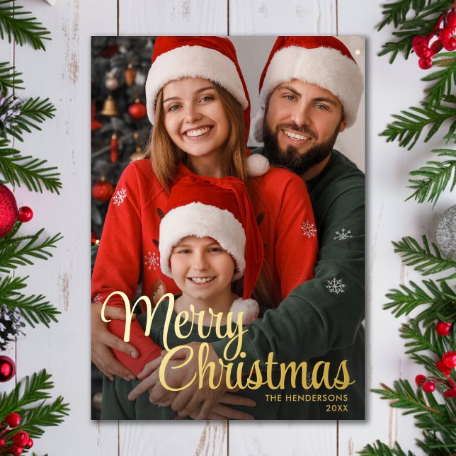 Merry Christmas Script Text Overlay Family Photo (Merry Christmas Script Text Overlay Family Photo Foil Holiday Card)