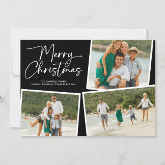 Merry Christmas Script Three Photo Collage Black Holiday Card