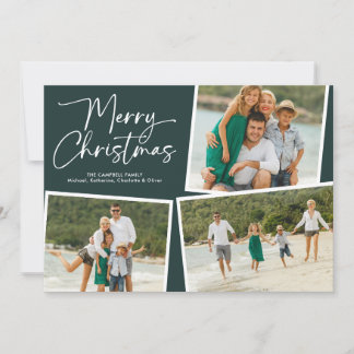 Merry Christmas Script Three Photo Collage Green Holiday Card