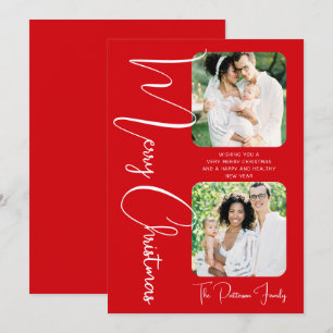 Merry Christmas Script Two Photo Family Holiday Card
