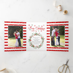 Merry Christmas script typography and wreath photo Tri-Fold Holiday Card