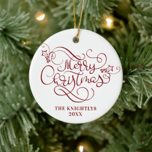 Merry Christmas Script Typography Name Red White Ceramic Tree Decoration