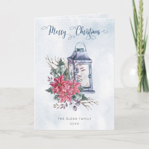 Merry Christmas Script w/Watercolor Poinsettias Holiday Card