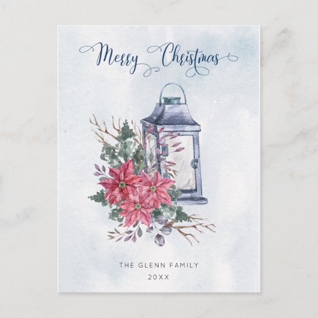 Merry Christmas Script w/Watercolor Poinsettias Postcard (Front)