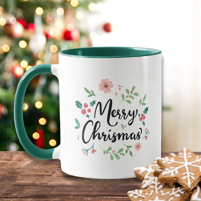 Merry Christmas Script Watercolor Floral Mug (Creator Uploaded)