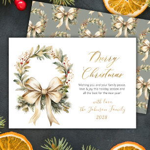Merry Christmas Script Watercolor Gold Bow Wreath Holiday Card