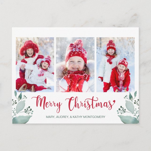 Merry Christmas Script Watercolor Leaf 3 Photo Holiday Postcard (Front)