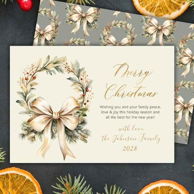 Merry Christmas Script Watercolor Wreath Gold Bow  Holiday Card (Creator Uploaded)