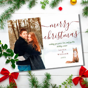 Merry Christmas Script Winter Fox Couple Photo Hol Holiday Card