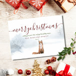 Merry Christmas Script Winter Fox Holiday Card<br><div class="desc">Personalise your name and date on this chic holiday card featuring a fox on a winter scene woodland background. Designed by Thisisnotme©</div>