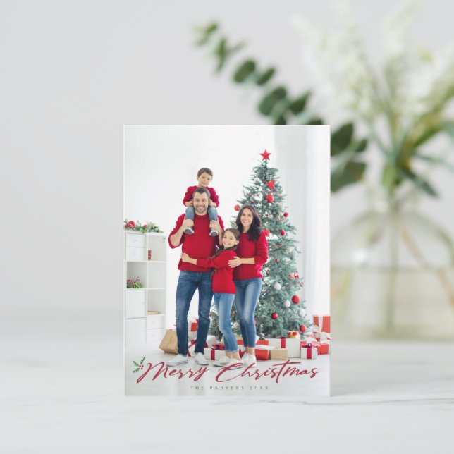 Merry Christmas script with pine & berries photo  Postcard (Standing Front)
