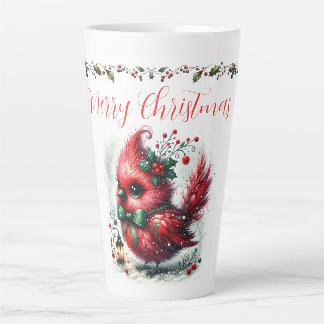 Merry Christmas Script with Whimsical Holiday Bird Latte Mug (Front)