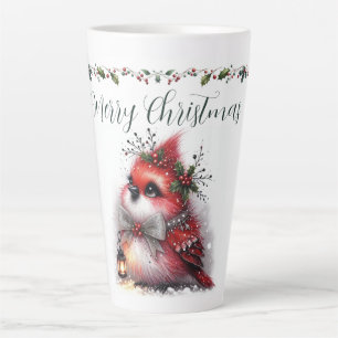 Merry Christmas Script with Whimsical Holiday Bird Latte Mug