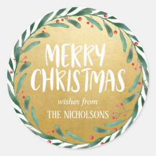 Merry Christmas Script   Wreath   Faux Gold Foil Classic Round Sticker