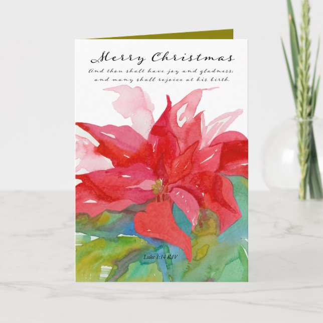Merry Christmas Scripture Luke Red Poinsettia  Card (Front)