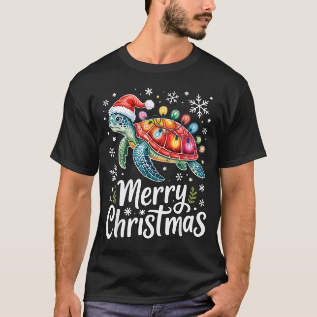 Merry Christmas Sea Turtle Christmas Lights Santa  T-Shirt (Front)