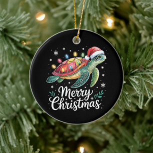 Merry Christmas Sea Turtle Santa Hat String Lights Ceramic Tree Decoration