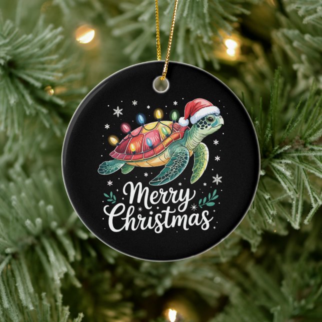 Merry Christmas Sea Turtle Santa Hat String Lights Ceramic Tree Decoration (Tree)