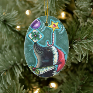 MERRY CHRISTMAS SEAL BALANCING GIFTS & CANDY CANE CERAMIC TREE DECORATION