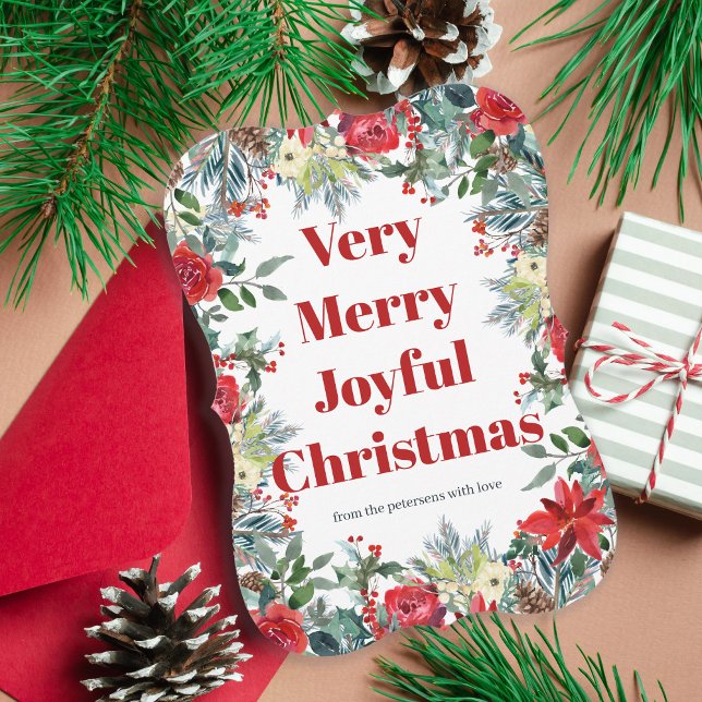Merry Christmas seasonal red green floral wreath Holiday Card (Creator Uploaded)