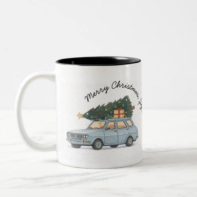 Merry Christmas Șefu’ Dacia 1300 Romanian Holiday Two-Tone Coffee Mug (Left)