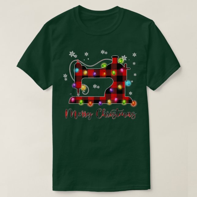 Merry Christmas Sewing Machine Xmas Light Tree Red T-Shirt (Design Front)