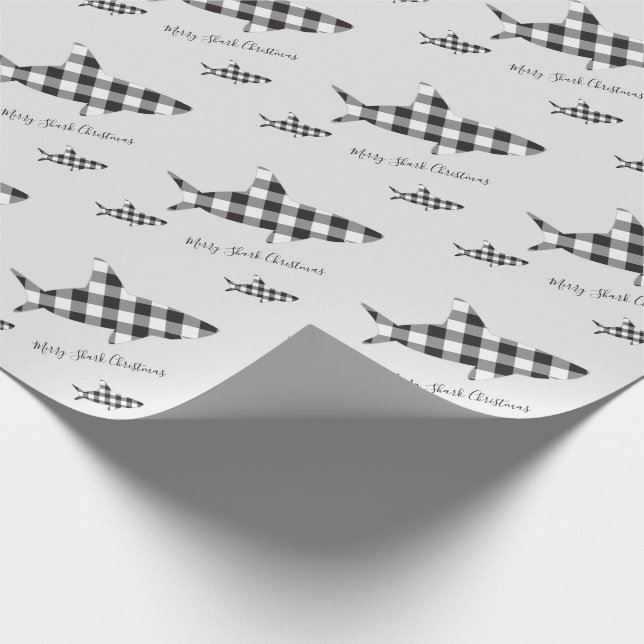 Merry Christmas Shark Black White Buffalo Plaid Wrapping Paper (Corner)
