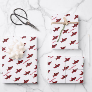 Merry Christmas Shark Red Black Buffalo Plaid Wrapping Paper Sheet
