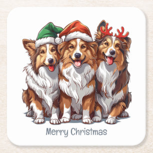 Merry Christmas Shetland Sheepdogs Square Paper Coaster
