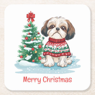 Merry Christmas Shih Tzu Dog Square Paper Coaster