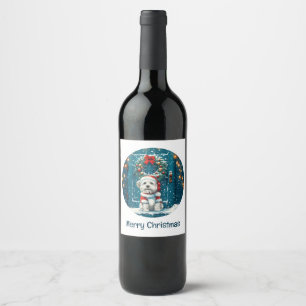 Merry Christmas Shih Tzu Dogs Wine Label