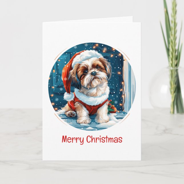 Merry Christmas Shih Tzu Santa Dog Holiday Card (Front)