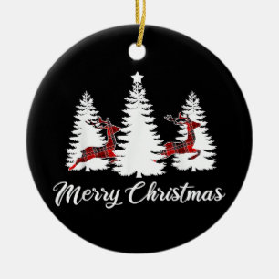 Merry Christmas Shirt for Women Buffalo Plaid Rein Ceramic Tree Decoration