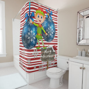 Merry Christmas Shower Curtain, Elf Stripe Shower Curtain
