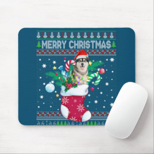 Merry Christmas Siberian Husky Dog In Sock Funny Mouse Pad