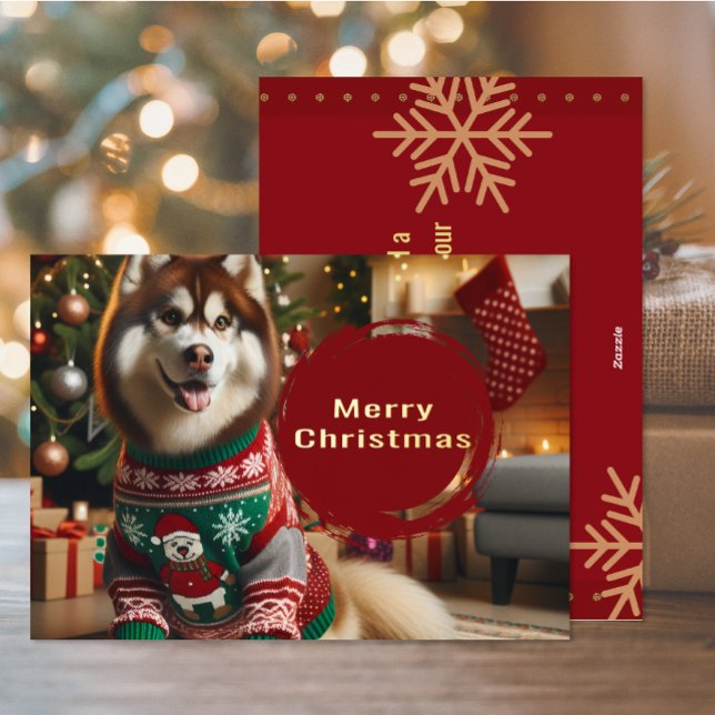 Merry Christmas Siberian Husky Foil Greeting Card (The front and back of the Siberian Husky Christmas Holiday foil card)