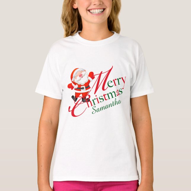Merry Christmas Signature Name Red Green Santa T-Shirt (Front)