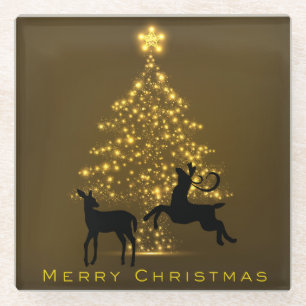 Merry Christmas Silhouette Deer and Golden Tree Glass Coaster