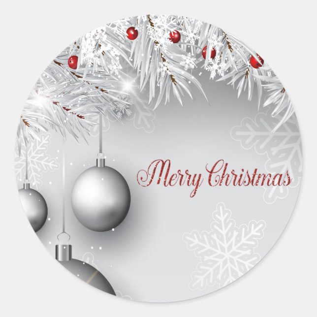 Merry Christmas, Silver Balls, Branches,Snowflakes Classic Round Sticker (Front)