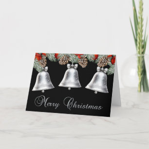 Merry Christmas Silver Bells with Pine Cones Holiday Card