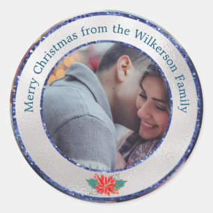 Merry Christmas SIlver & Blue Glitter Custom Photo Classic Round Sticker