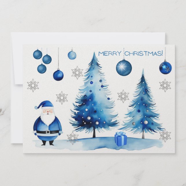 Merry Christmas Silver & Blue Japandi Watercolor  Holiday Card (Front)