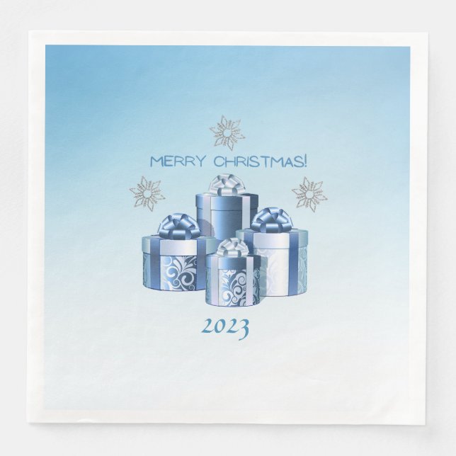 Merry Christmas Silver & Blue Presents & Snowflake Napkin (Front)